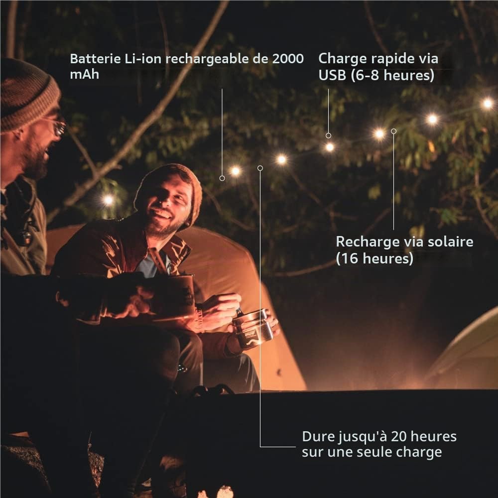 MPOWERD Luci Guirlande lumineuse solaire et chargeur de téléphone portable 5,5 m 100 lumens avec LED blanches Autonomie jusqu'à 20 heures Batterie rechargeable via solaire ou USB Étanche Camping