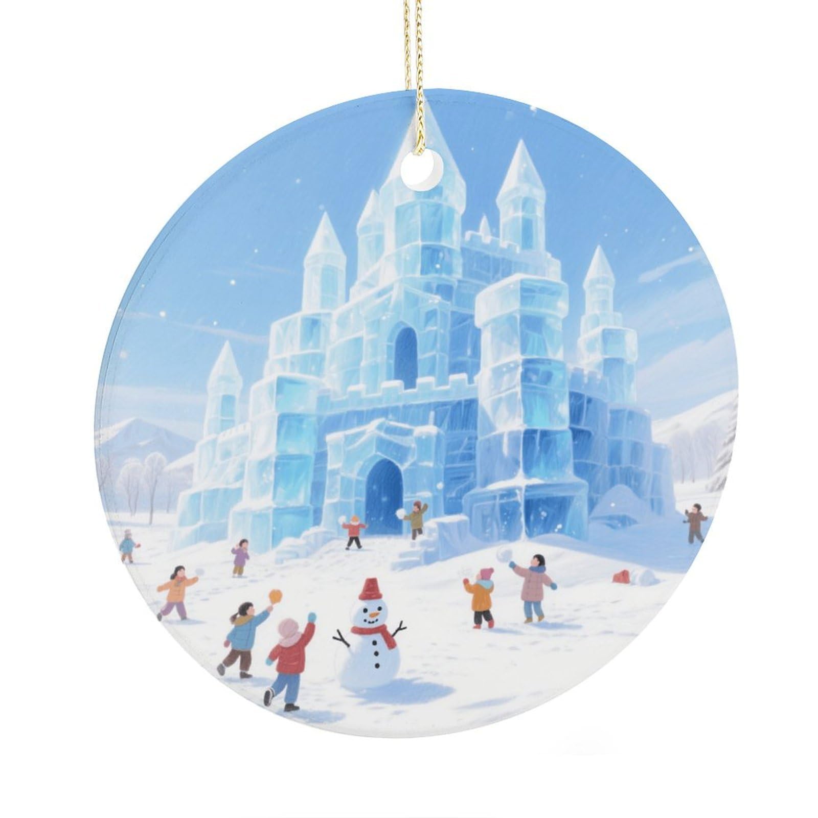 Fekiloot Style Ice Castle Christmas Ornaments 2.9 Inch Round Ceramic Ornament Keepsake Thank You Gifts For Office, Room, Home - Holiday Present Ideas