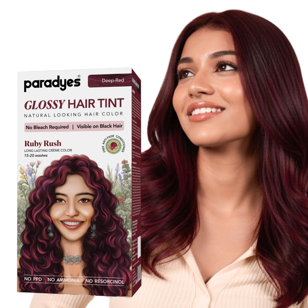 Paradyes No Bleach Ruby Rush Glossy Hair Tint, Ammonia-Free Formula visibile on Natural Black Hair, Enriched with Herbal Extracts