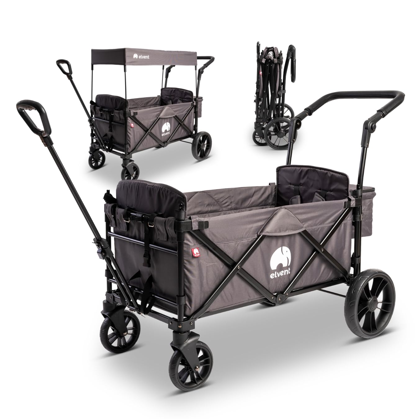 elvent® City SmartCruiser Bollerwagen - Handwagen faltbar mit Dach I Sitzpolster, Hecktasche, Feststellbremse, PU-Reifen, 5-Punkt-Gurt I für 2 Kinder | Teleskop-Zugstange (Grau)