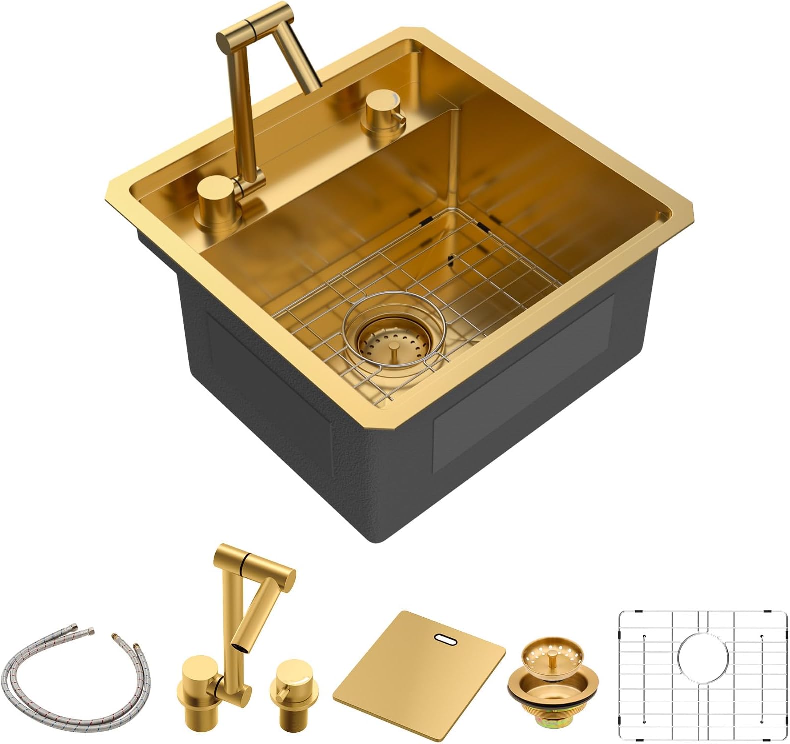Sarlai Undermount Bar Sink - 18 Inch Gold Undermount Kitchen Sink Workstation with Foldable Faucet 18x18 Inch Outdoor Bar Prep Single Bowl Gold Sinks 16 Gauge Stainless Steel BBQ Basin with Cover