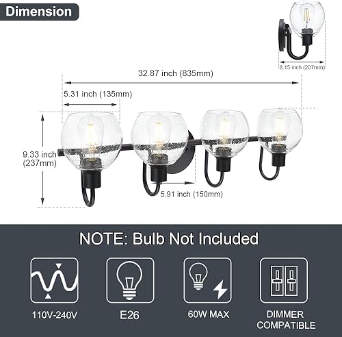 Miniatura 4 de 4 luces contemporáneas de baño sobre espejo con pantallas de vidrio de globo sembrado, iluminación de pared rústica negra para dormitorio, vestidor