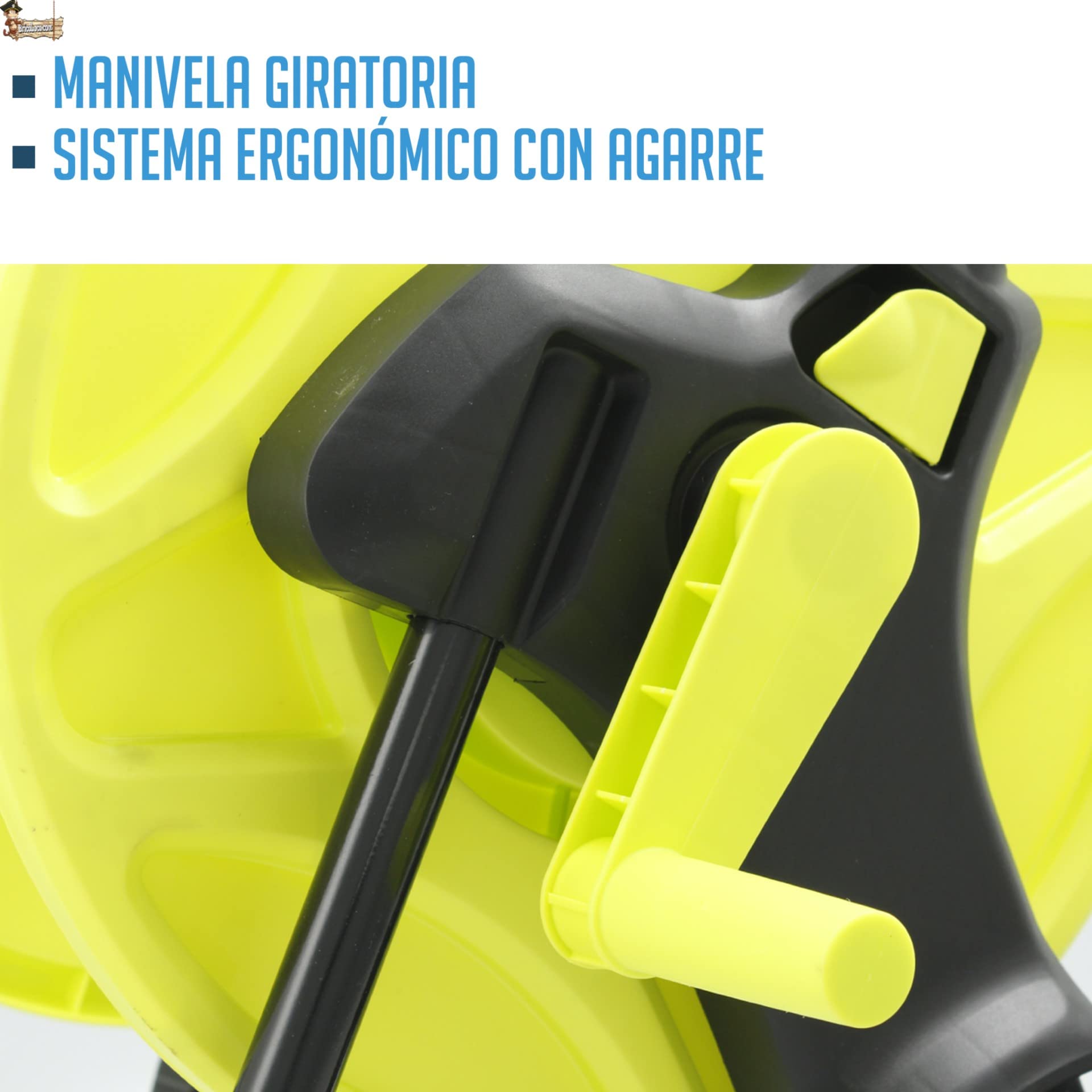BricoLoco.com Mulinello Supporto Tubo da giardino o irrigazione con avvolgitore fino a 25 metri Raccogli tubi Acqua arrotolabili Carrello porta maniglione con ruote, presa rapida e antigoccia.