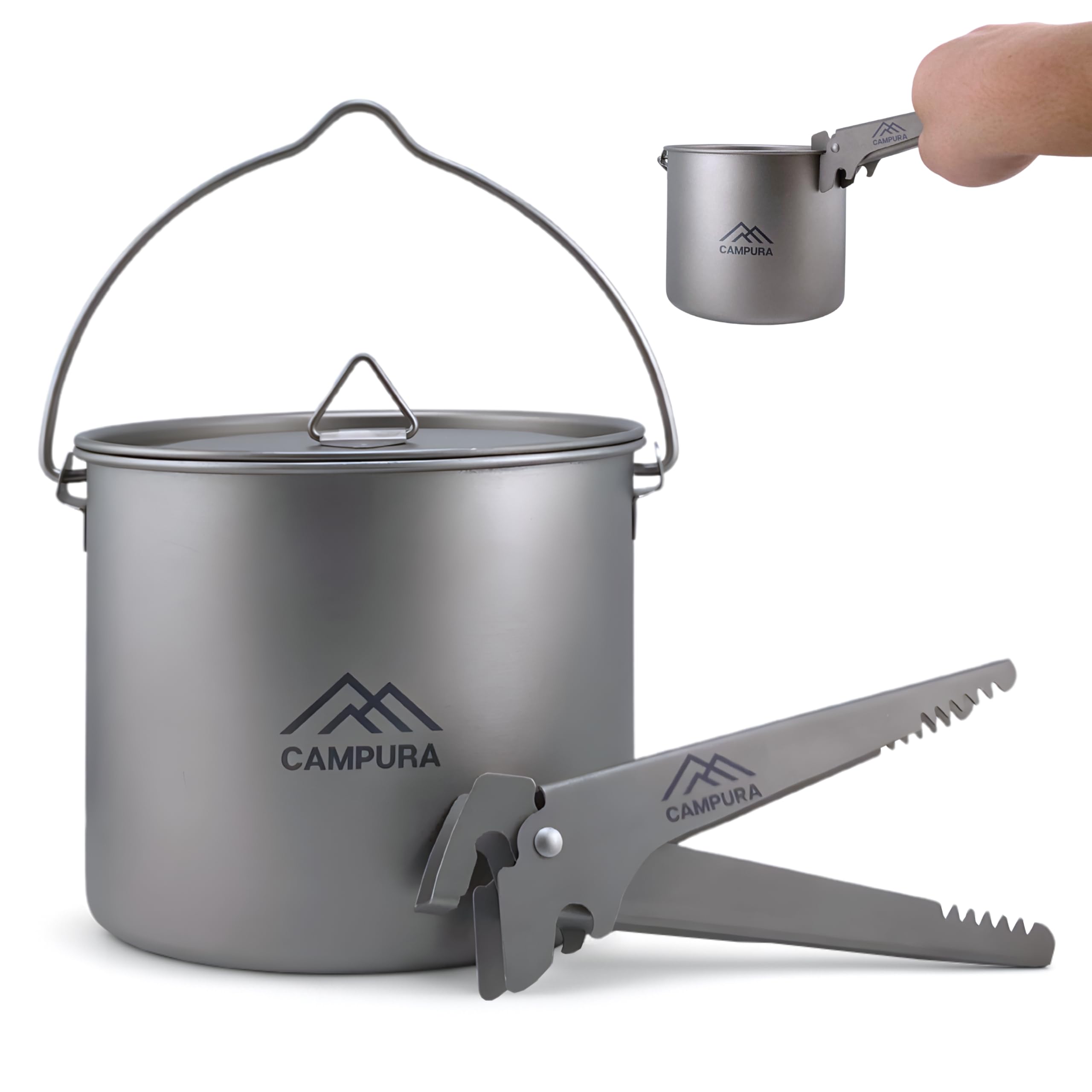 Titan Topf 1100 ml mit abnehmbarem Griff und Henkel – Ultraleichtes Camping Geschirr Set mit Messskala, Deckel & Netzbeutel für Outdoor, Bushcraft, Trekking (192g)