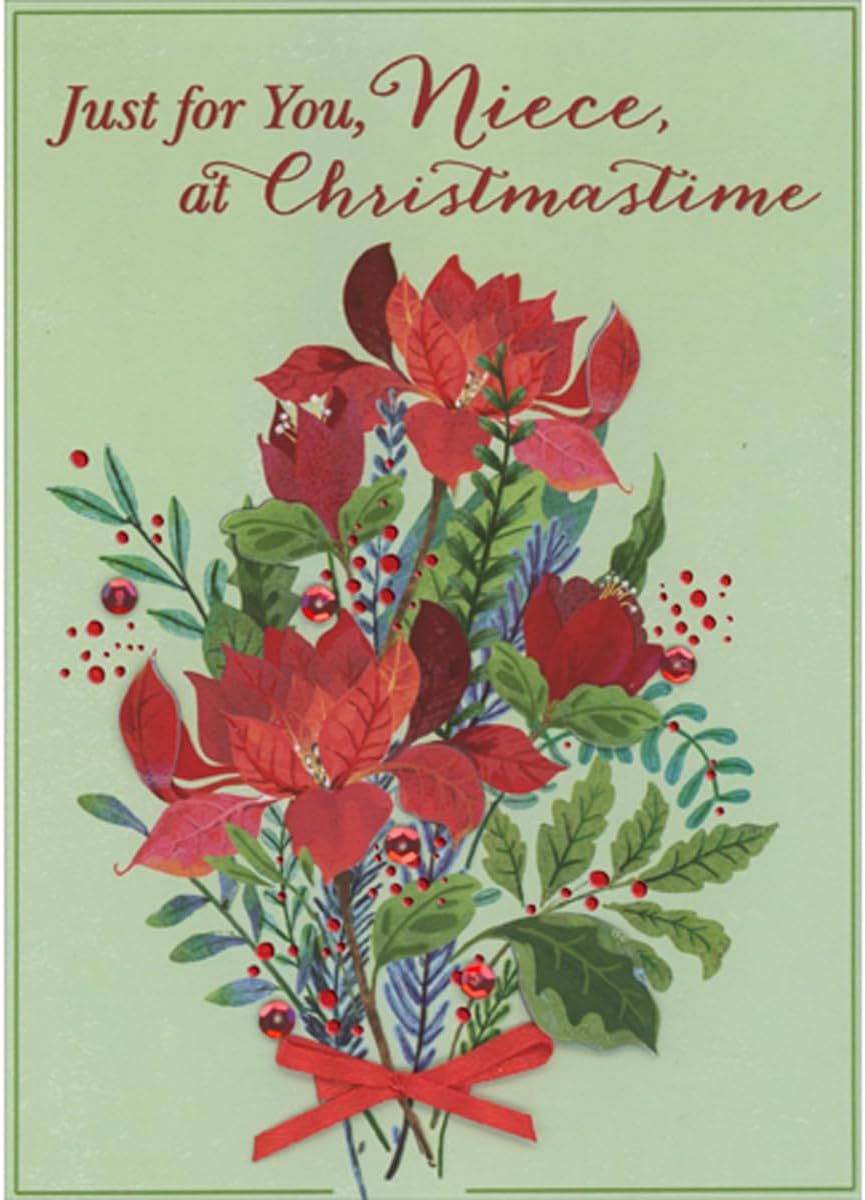 Designer Greetings Bouquet of Red Poinsettias with 3D Petals and Leaves, Sequins and Ribbon Hand Decorated Christmas Card for Niece
