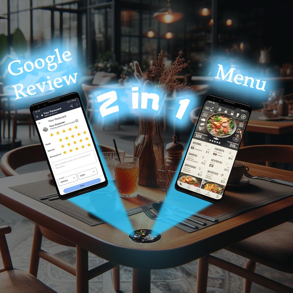 2in1 Hybrid-Restauranttisch-NFC-Platte, QR-Code-Menü + NFC-Epoxidharz Google-Rezension | Kompatibel mit iPhone und Android | Für Restaurants, Bars, Cafés, Fastfood (Schwarz, 20