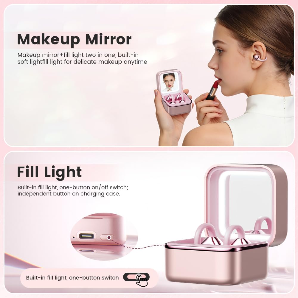 Cuffie auricolari a clip con specchio per il trucco, auricolari aperti senza fili Bluetooth, sicuri e non cadono, durata della batteria ultra lunga, per telefoni Android/iOS (oro rosa)