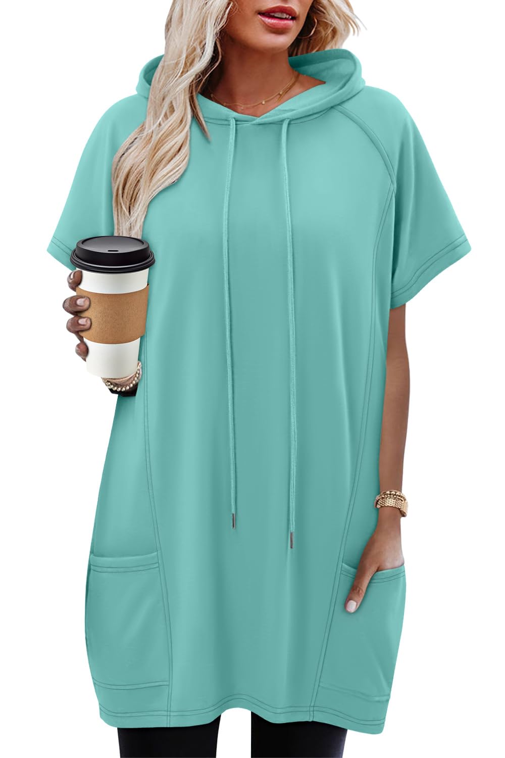 KISSMODA Long Shirts for Women Plus Size Summer Dresses 2026 Pullover Hoodies Short Sleeve Tunic Tops With Pockets