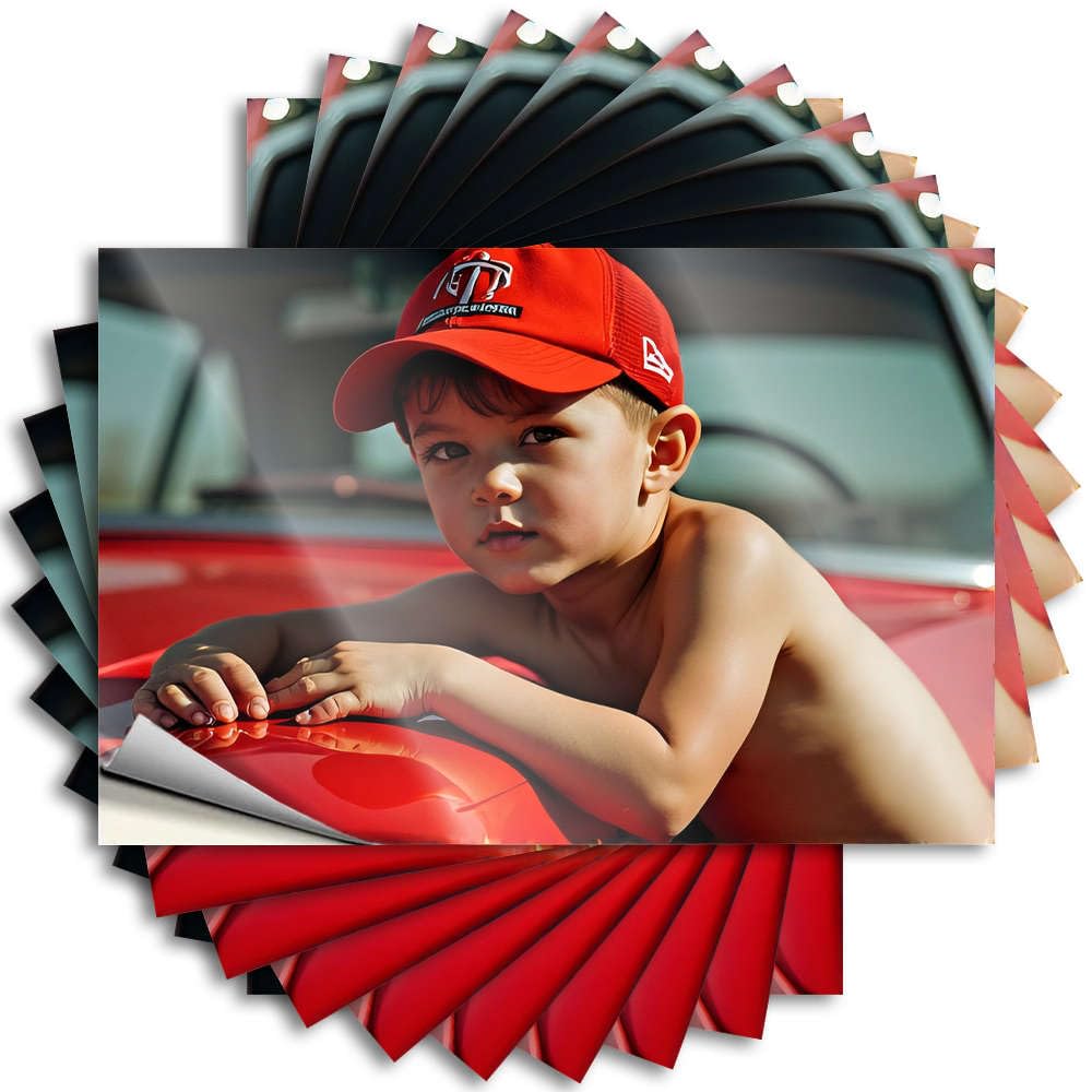 Halloween Encouragement Decals - A Young Boy in A Red Cap Leans On A Shiny Red Car Removable Decal Bottle Easy Peel for Thankful(12X18CM)