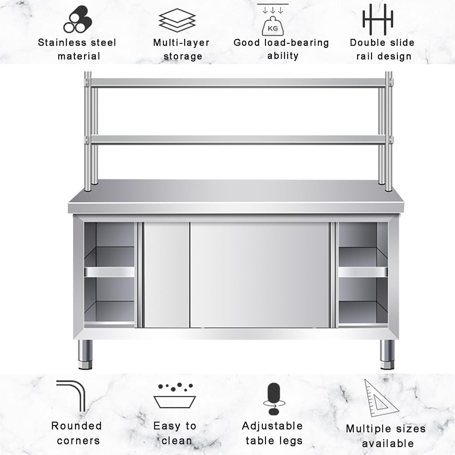 Removable Thickened Stainless Steel Table Kitchen Preparation Tables with Sliding Doors Extended Tabletop Space Bracket Load Ability 500kg Adjustable Table Legs
