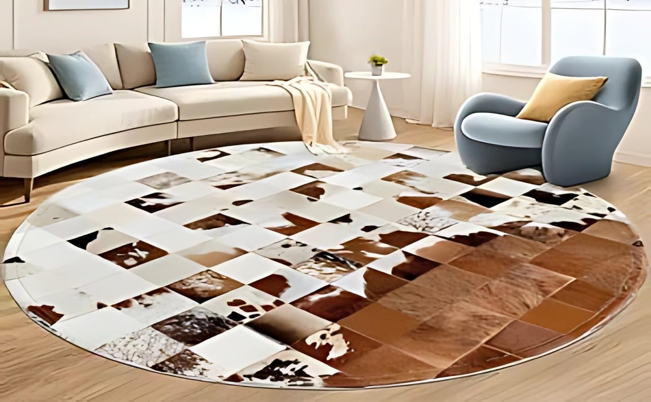 5x5 ft Brown & White Genuine Cowhide Leather Area Rug Square Patchwork Design Round Fade Resistant Non Slip Modern Floor Accent Cow Hairon Indoor Home Décor Carpets Mat for Living Room