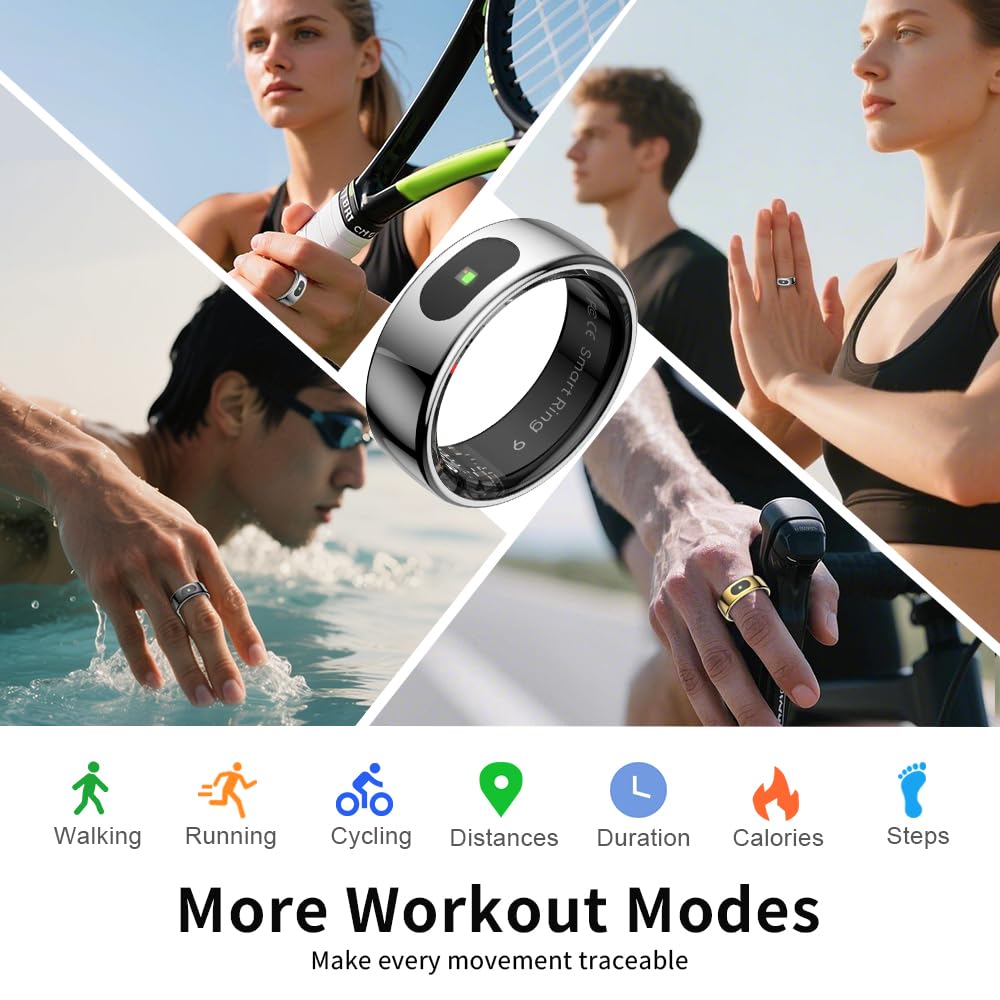 Anneau Intelligent LED Tactile, Tracker d'activité/Fréquence Cardiaque/Sommeil/Oxymétrie, Bague Connectée 5ATM, Contrôle Musique/Vidéo, Smart Ring Fitness Tracker Compatible iOS/Android (Argenté, 10)