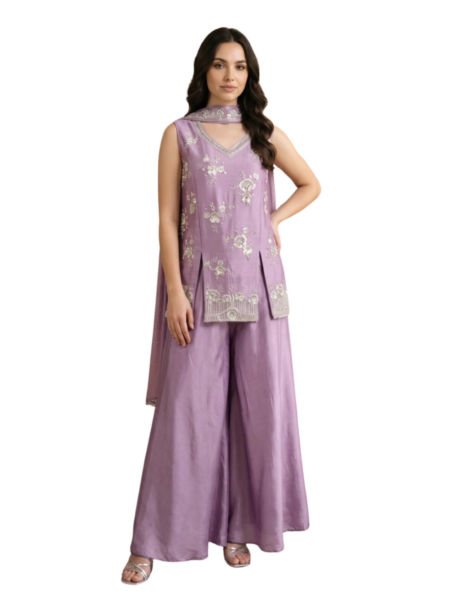 naixa Women's Chinon Silk with Lining Beads Embroidered Straight Kurta with Chinon Silk Lined Sharara Chinon Embroidered Dupatta Set | Sleeveless | V-Neck | Festive Suit (NX-1025)-picture-21
