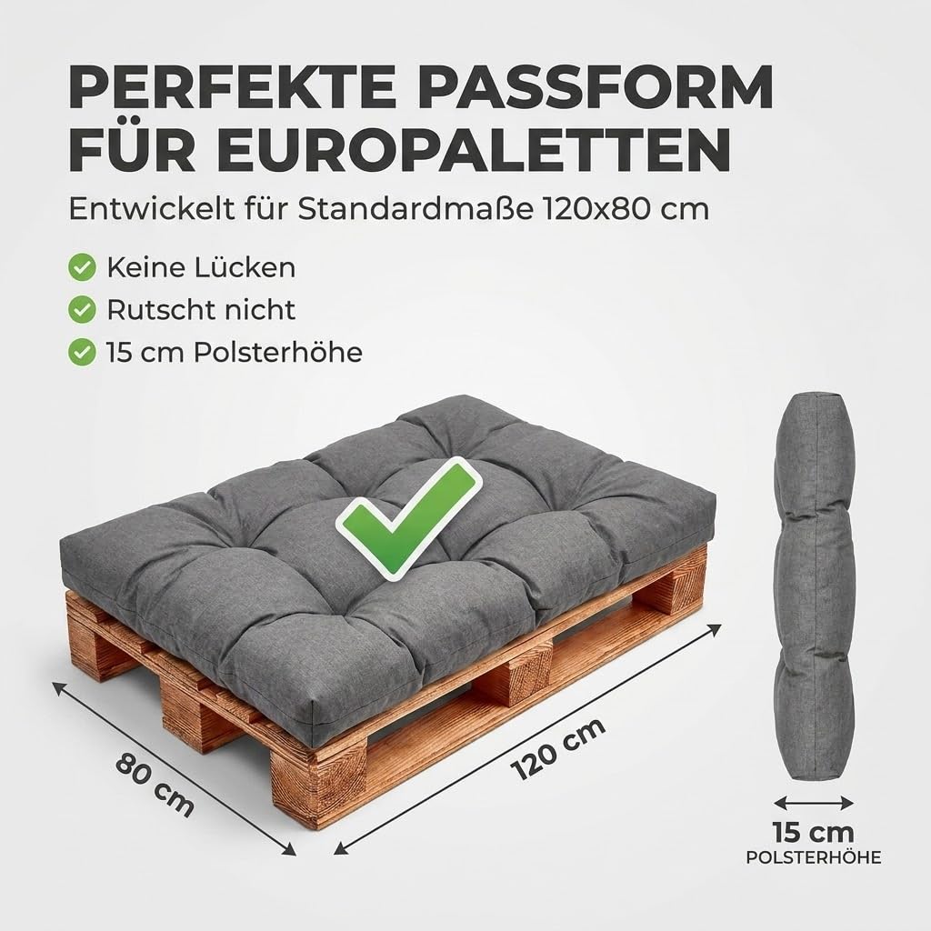 Wool & Home Palettenkissen Set für Gartenmöbel, 8-Teilig, Gesteppt, mit Polsterschaumfüllung, für Lounge, Palettensofa, Terrasse, Balkon und Garten Anthrazit