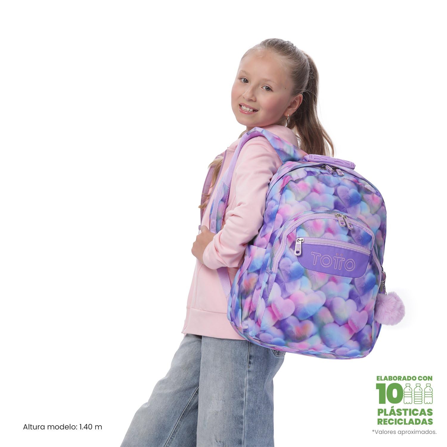 TOTTO - Mochila Escolar Adaptable a Carro, Modelo Acuareles Glitter, Capacidad 20L, Bolsillo para Pc 14", 2 Bolsillo Botella, Espaldar Ergonómico con Flujo de Aire, Correas en S, Estampado Kory Morado