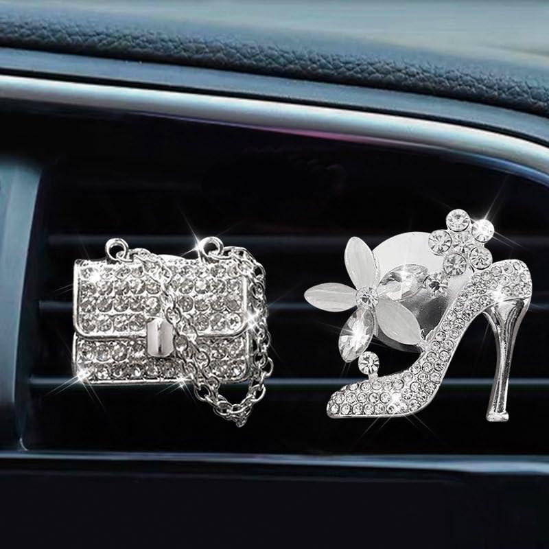 2 Pack Car Air Vent Clip Charms, Crystal Car Diffuser Vent Clip, Rhinestone Oil Diffuser Vent Clip, Car Fresheners for Women, Bling Car Accessories for Women – Stylish & Practical (Handbag & Highheel)