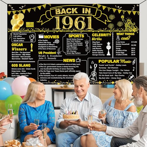 Image of DARUNAXY 65th Birthday Black Gold Party Decoration, Back in 1961 Banner 65 Year Old Birthday Party Poster Supplies Vintage 1961 Backdrop Photography Background for Men & Women 65th Class Reunion Decor