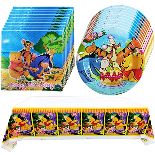 Suitable for Pooh Bear Themed Party Supplies Home Party Decoration 18 Plates 20 Napkins and 1 Tablecloth