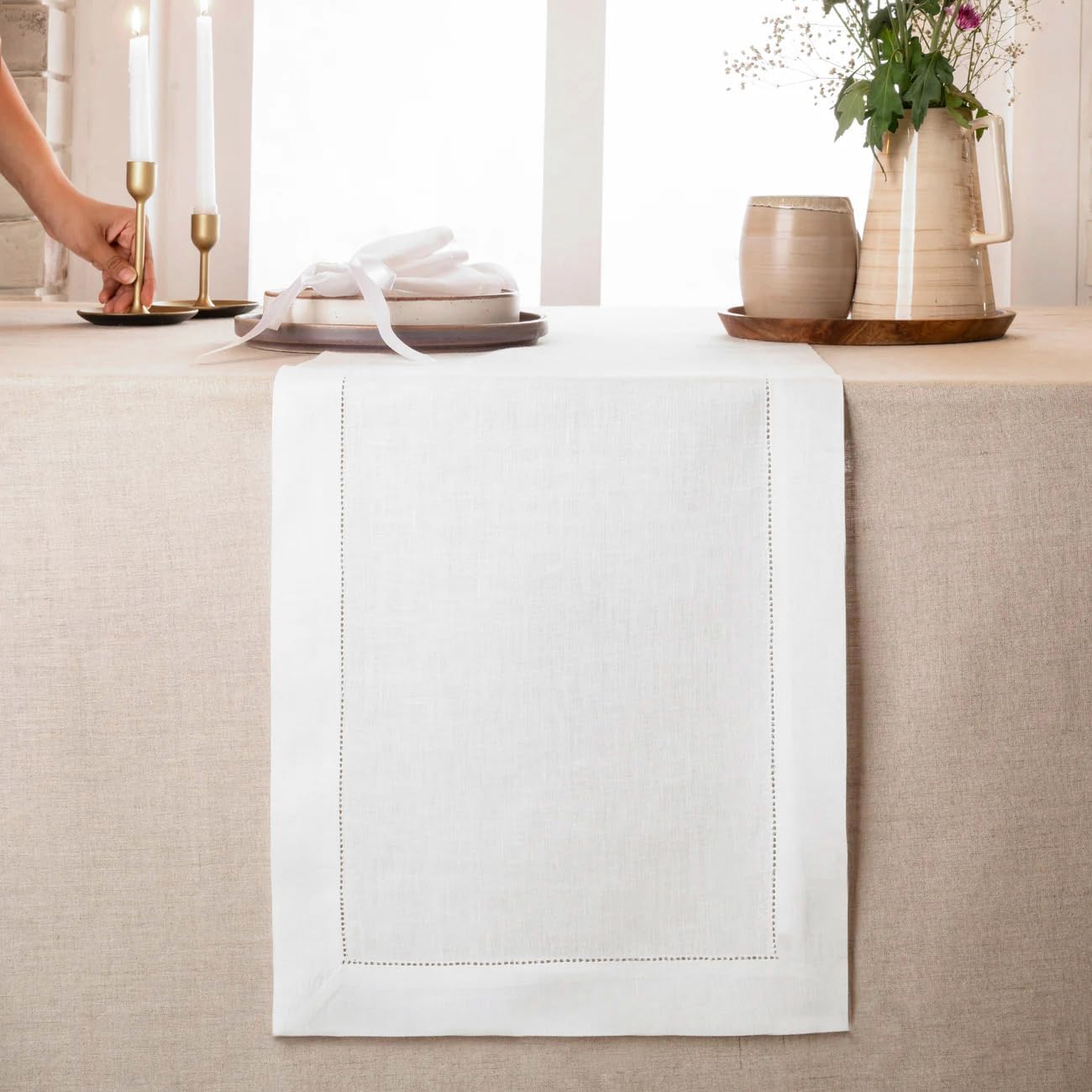 D'Moksha Homes Linen White Table Runner 72 Inches Long - 100% Pure Linen Hemstitch Table Runner 14 x 72 Inch for Dresser, Dining, Mothers Day, Spring, Easter - Classic Hemstitch