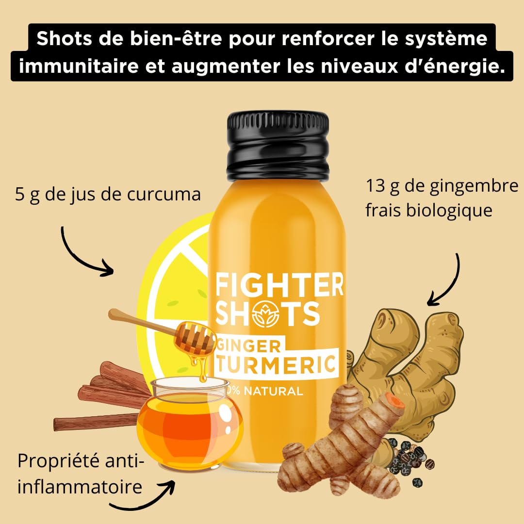 Fighter Shots Gingembre + Curcuma (12x60ml) | 100% Naturel | Parfait pour Vous Donner un Coup de Boost | Sans Conservateurs | Shots de Curcuma Frais et Savoureux