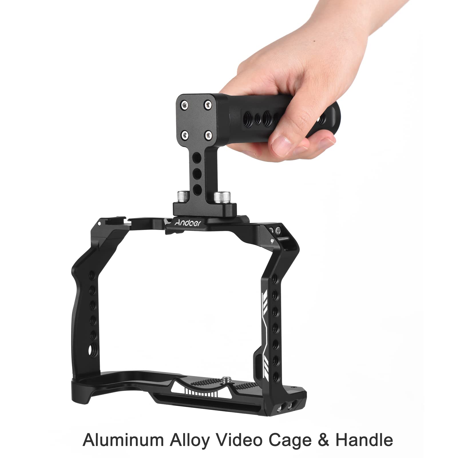 Andoer Jaula para cámara + mango de aleación de aluminio con soporte para zapatos fríos, muchas roscas de 1/4 pulgadas de repuesto para cámara Canon R7