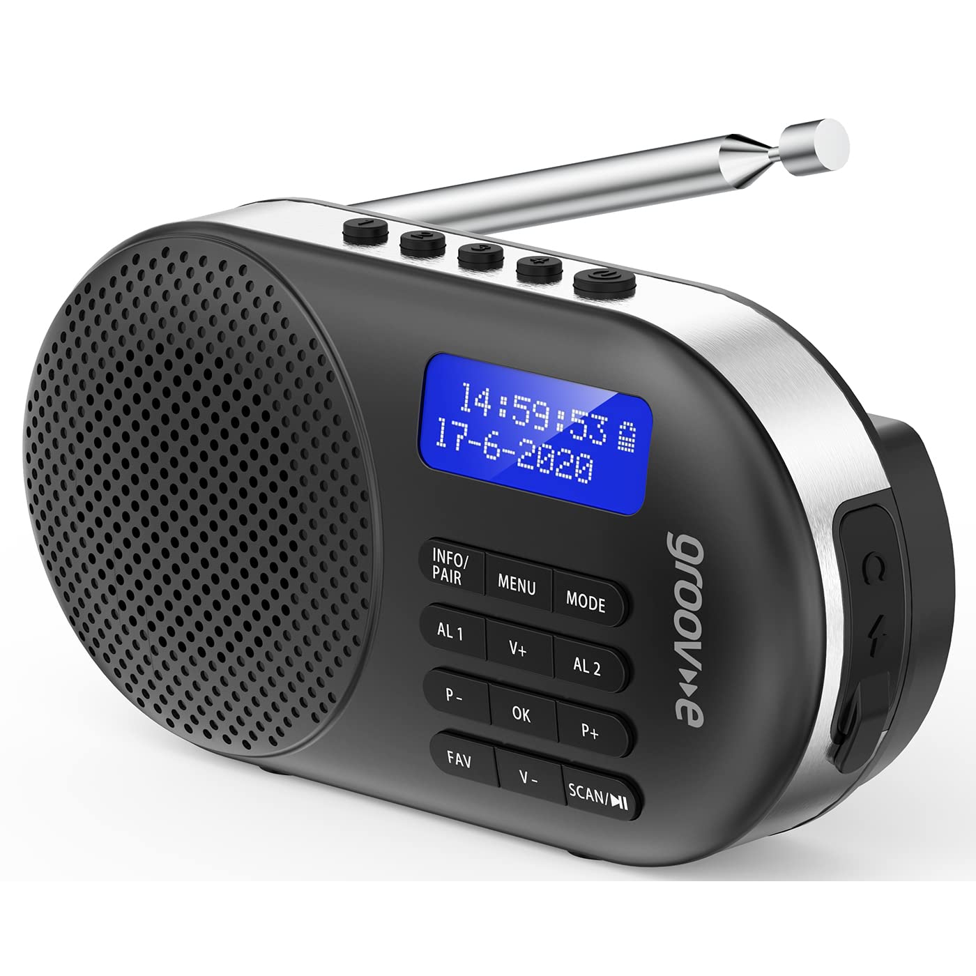 Groov-e Milan - Radio Digital Recargable Dab y FM - Reloj Despertador Integrado y conectividad Bluetooth - Pantalla LCD - Funciona con USB o Pilas - Radio portátil - 60 Estaciones preestablecidas