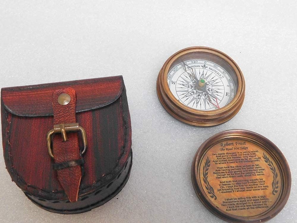 Bussola in ottone anticato con custodia in pelle, stile nautico, vintage, con custodia in pelle