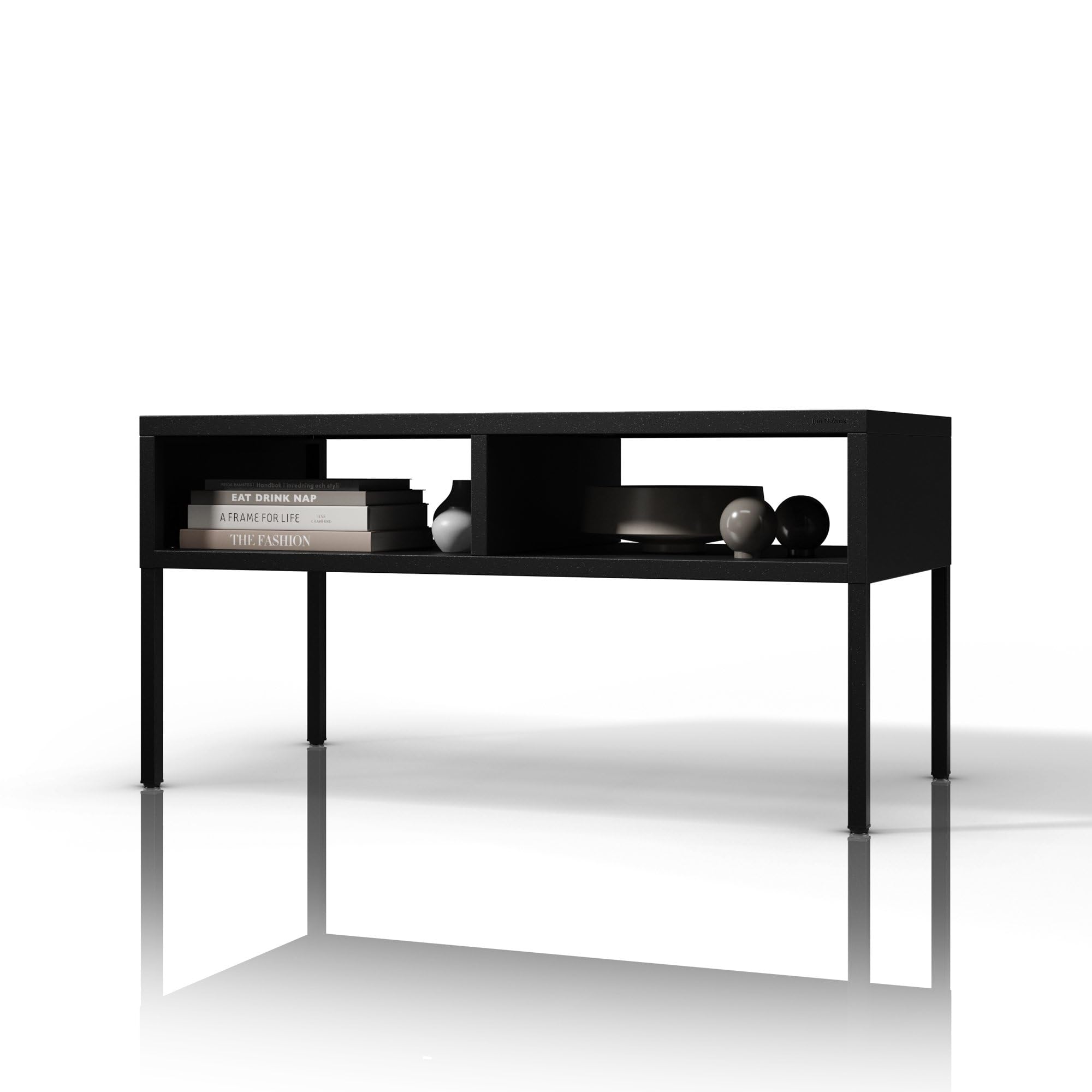 Jan Nowak MATTEO Stolik kawowy Czarny Blacha stalowa 2 otwarte schowki Styl loft Malowany proszkowo Nośność 40 kg Kompaktowy Do Biura Salonu Recepcji 900 x 450 x 450 mm