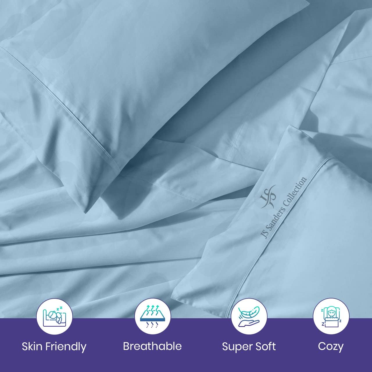 CASA LINEN Alberta King 4pc Bed Sheet Set 1000 Thread Count Luxury Softest Bedding Sheet Set Upto 15" Deep Pocket 100% Egyptian Cotton Light Blue Solid