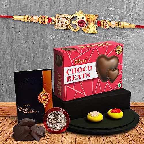 Image of DeoDap Multicolor Red Rakhi Bracelet Roli Chawal with Chocolate Beats 32gm, Silver Pooja Coin, Tilak Set, Greeting Card - Rakhi Gift for Brother