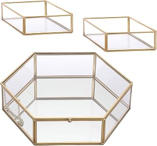 Hipiwe Vintage Glass Box with 2 Removable Glass Trays - Golden Jewelry Box Clear Lidded Box Hexagonal Keepsake Box Mirrored Box for Storage Ring Trinket Makeups Cards for Party Wedding Home Decor