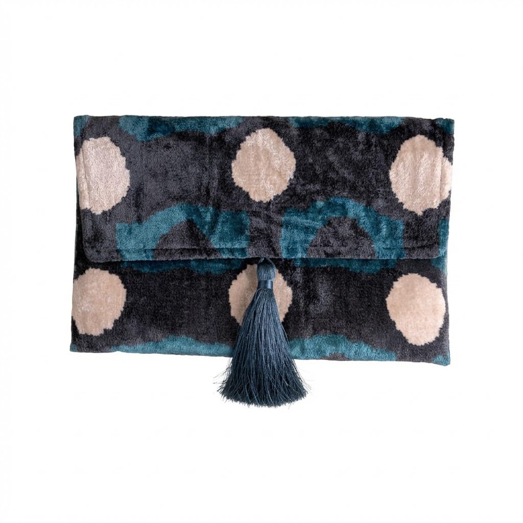Bolso Ikat de terciopelo de seda hecho a mano, estilo sobre, diseño bohemio, patrón étnico, opción de correa de cadena, bolso de mano de fiesta de noche, bolso de mano de alta calidad, color