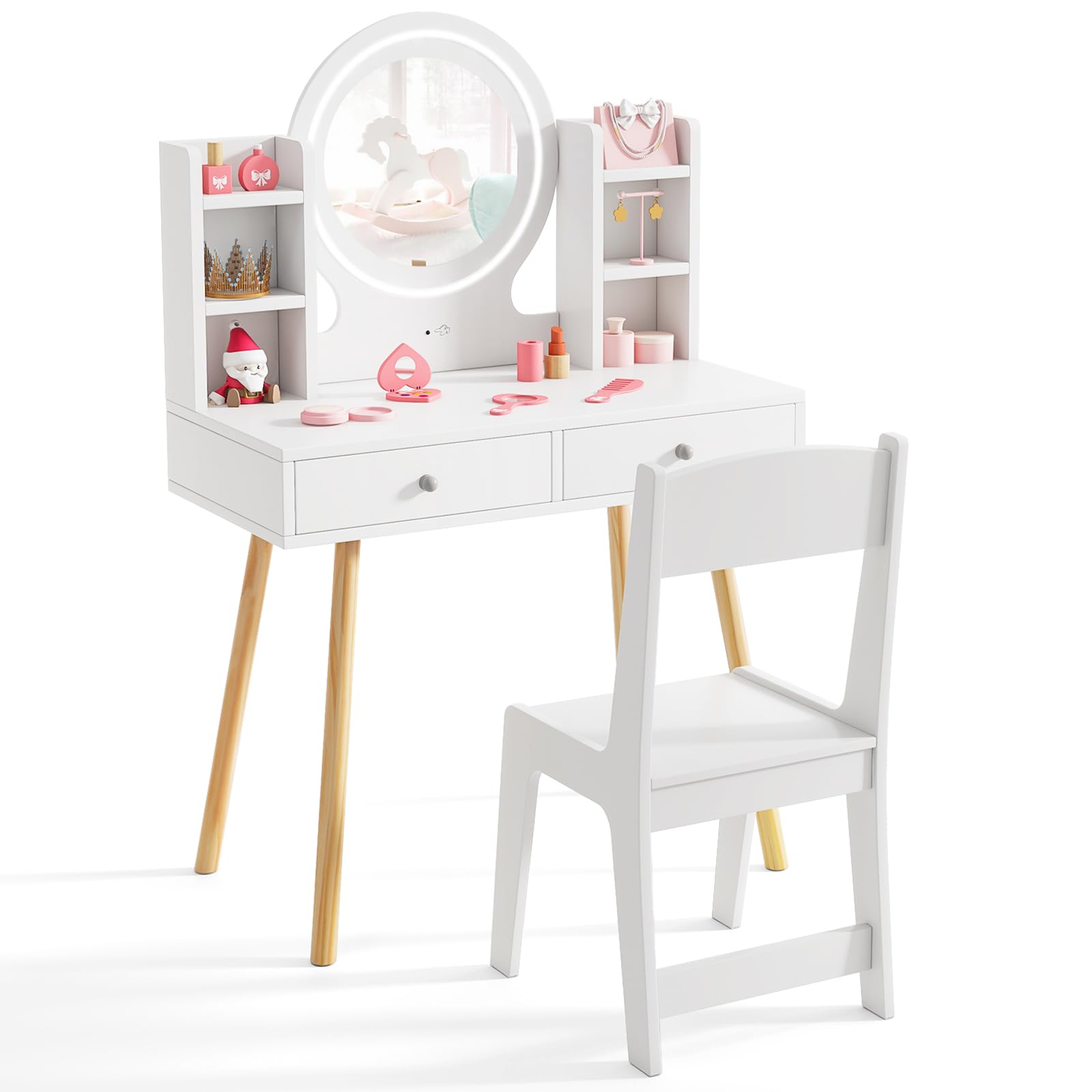 Maxmass Kids Dressing Table and Chair, Wooden Toddler Vanity Table with 2-Color LED Lighted Mirror, 2 Drawers, Storage Shelves, Children Makeup Desk Set Girls Princess Pretend Dresser (White)