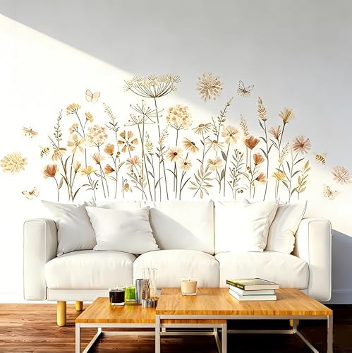 Wandtattoo Blumen, Böhmische Windwand-Aufkleber Wildblumen Paprika Schmetterling Wandaufkleber Schlafzimmer Wohnzimmer Sofa Hintergrund Wanddekoration für Mädchen Zimmer und Wohnbereich