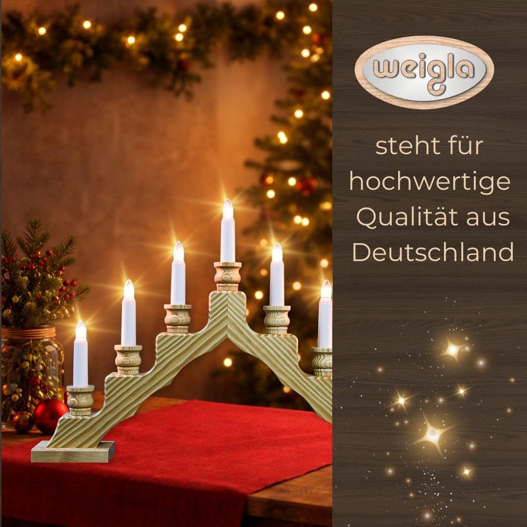 WEIGLA - Schwedenleuchter original Erzgebirge I Trendiger Schwede Natur I LED I Schwibbogen Weihnachten I 7 Lampenkerzen + 1 Ersatzlampe I 7 x 34 V, 0,2 W, E10 I Weihnachtsdeko innen I Kiefernholz