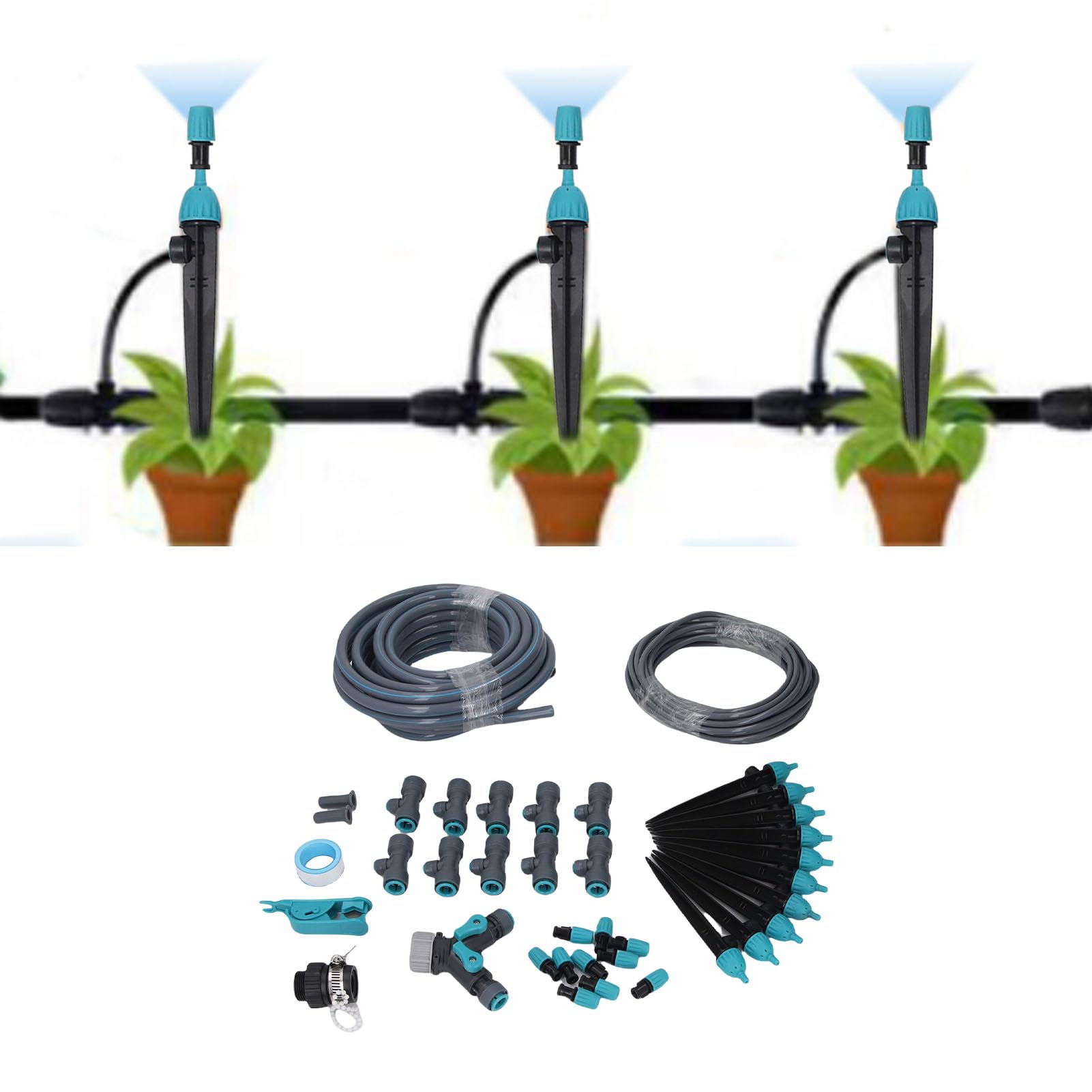 Kit di irrigazione automatico per giardino e serra, irrigazione a goccia da 10 m con 3 modalità, ugelli e gocciolatori regolabili, tubo in PVC PE da 12 mm 6 mm, per prato