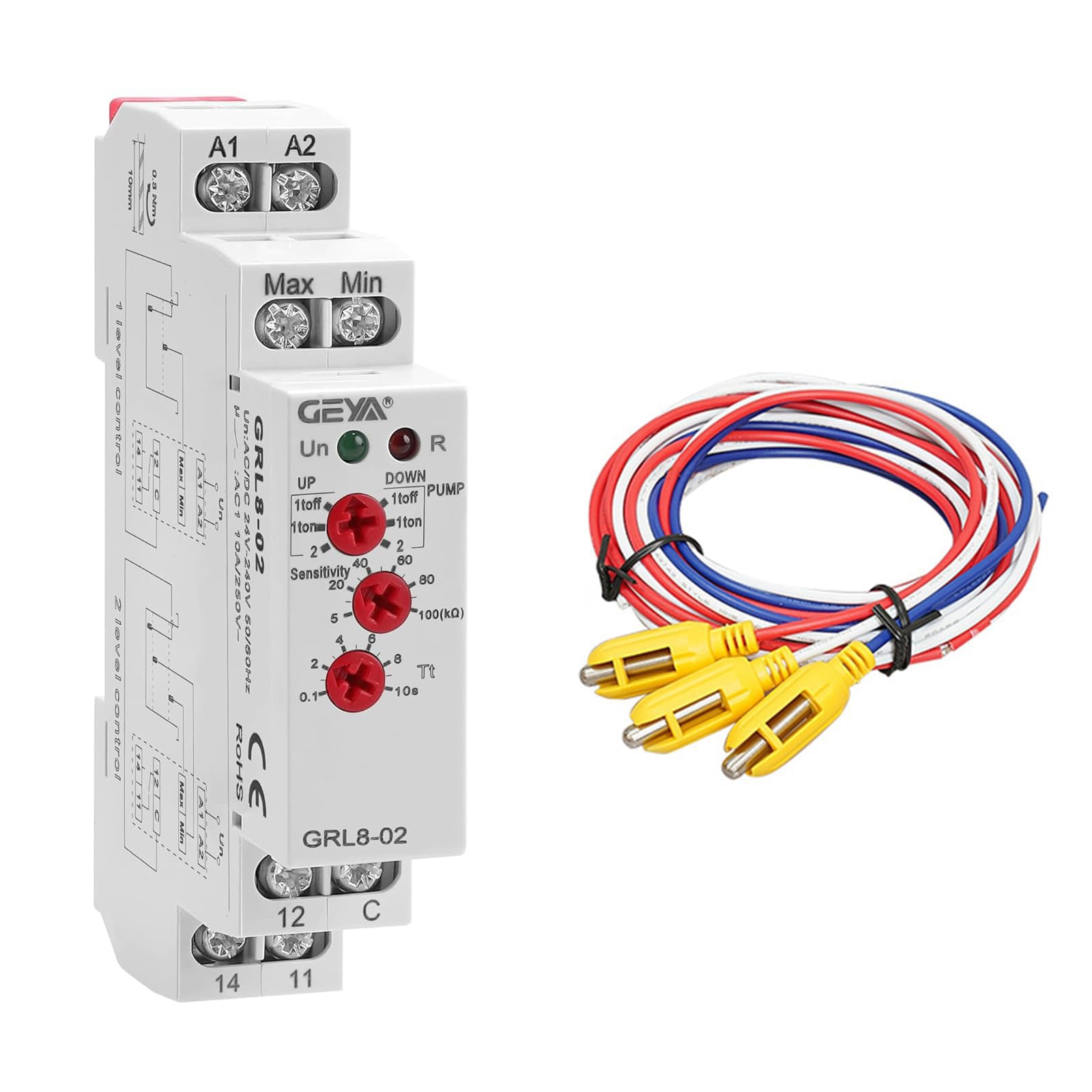 GEYA Modalità di controllo del livello 2 o 1 Relè di controllo del timer del liquido 1SPDT Controllo elettronico del livello del liquido 10A(GRL8-02+Sensor,AC/DC24V-240V)