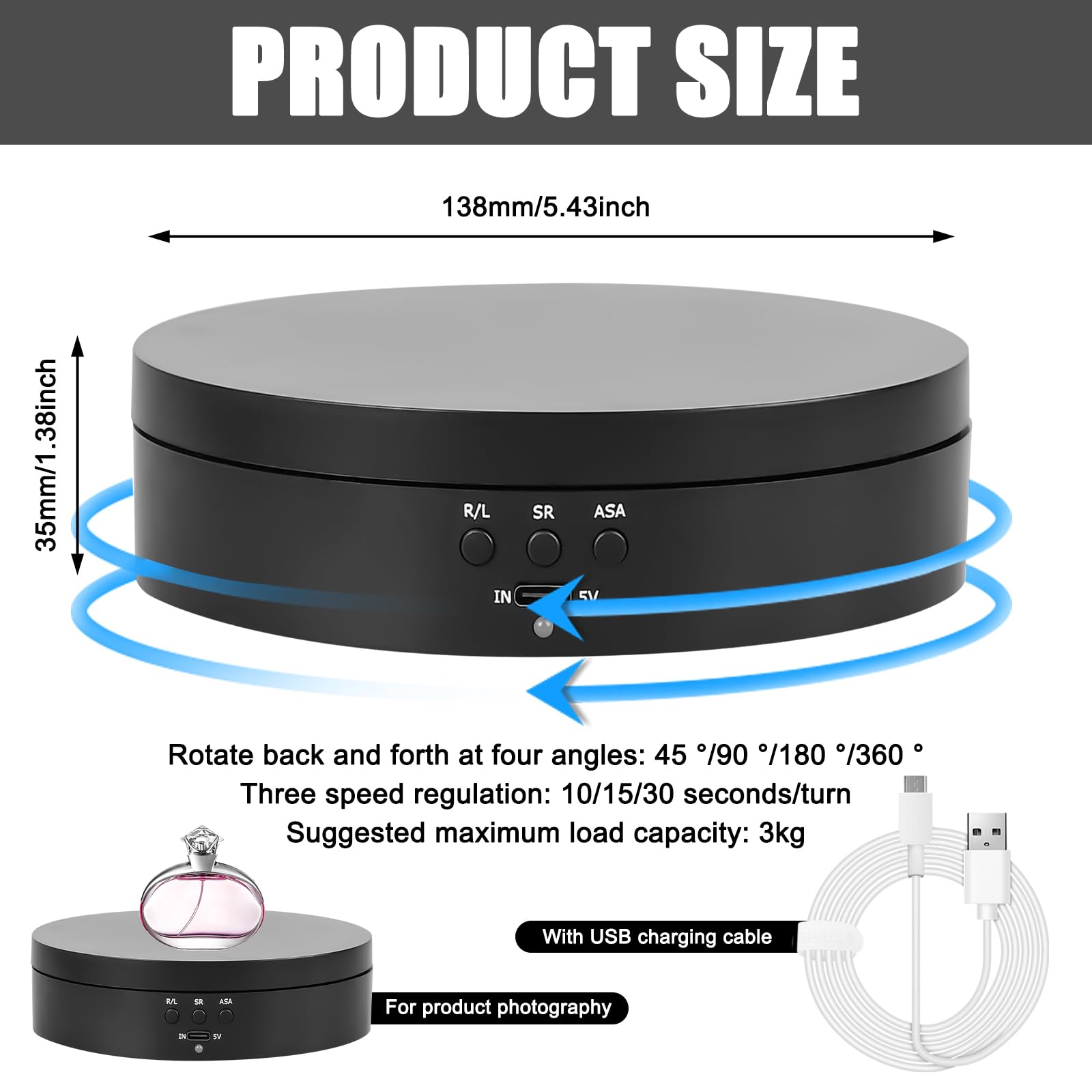 Elettrico: supporto per display girevole da 13,8 cm per fotografia, piattaforma di rotazione automatica a 360°, 3 velocità, ricarica USB