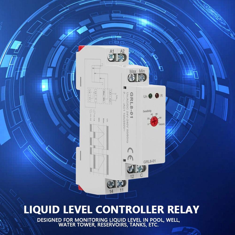 Relais de contrôle de niveau de liquide - GRL8-01 Contrôleur de niveau d'eau 10A AC/DC 24V-240V montage sur rail Din 35mm pour surveillance du niveau dans piscines, puits, châteaux d'eau
