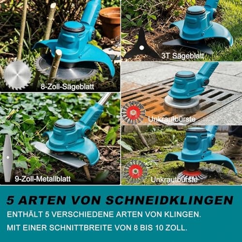 Akku Rasentrimmer für Makita-Akkus mit 5 Klingentypen Bürstenlose Rasentrimmer mit Unkrautbürste, 4-in-1 Freischneider elektrisch, 90° Schwenkbarer Kopf für Rasen Garten Beschneiden