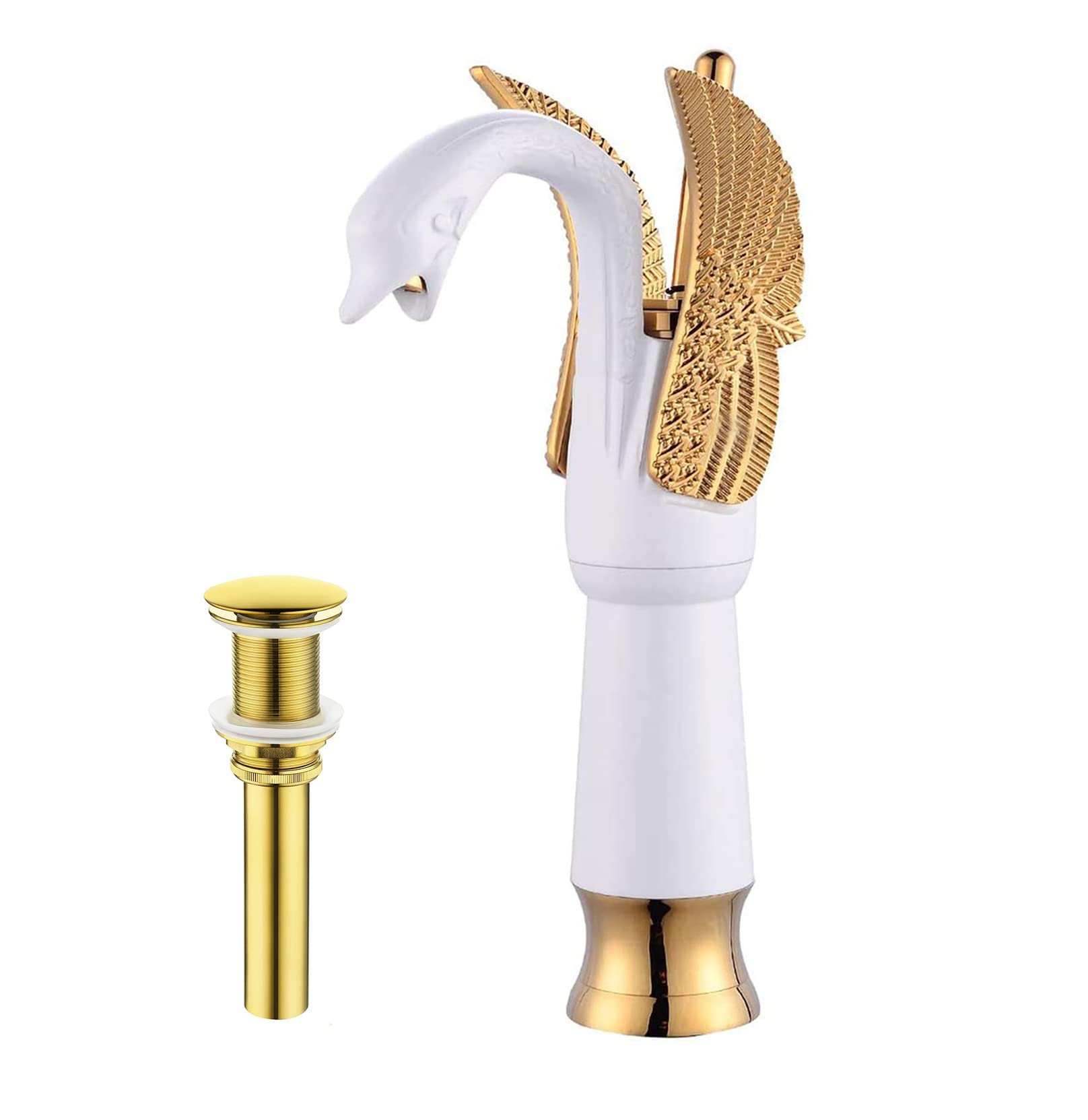 YCCUZABathroom Vessel Sink Faucet Swan White with Gold Tall Bathroom Faucet for Bowl Sink Single Handle One Hole Basin Mixer Tap Matching Pop Up Drain Without Overflow