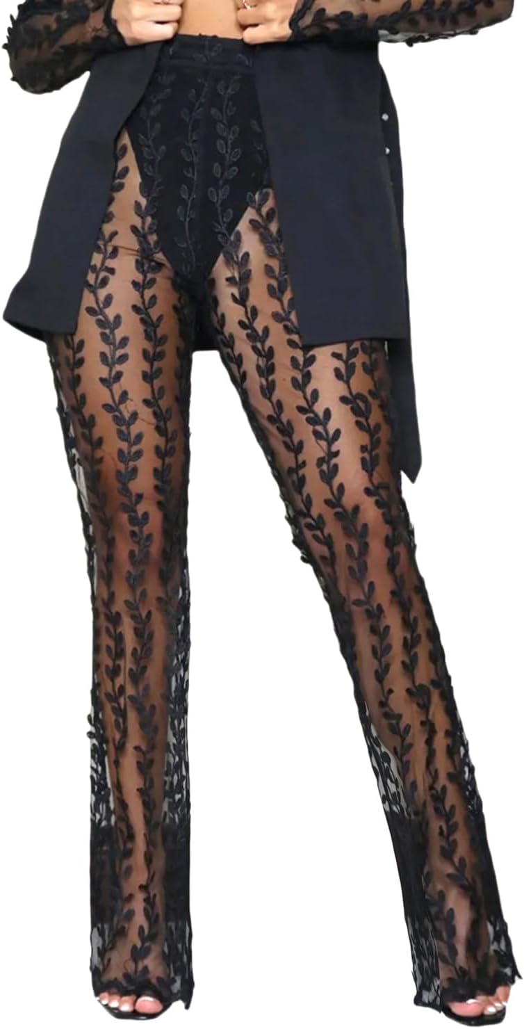 Women's Sexy See Through Lace Pants Transparent Sheer Mesh Straight Leg Pants Hollow Out Slim Trousers Cover Up