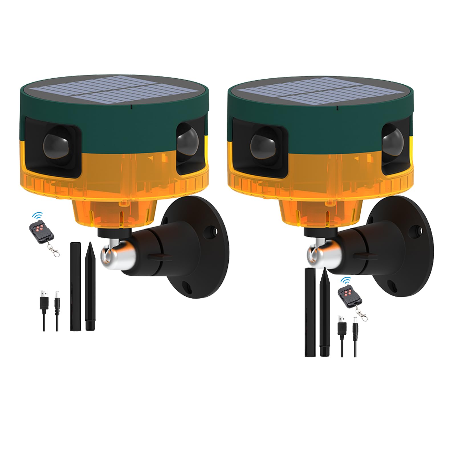 Sensor de movimiento solar para exteriores – perros ladrando y disparos, alarma de detección de movimiento de 360 grados, 2 x 130 dB para casas, granjas (2 amarillos)