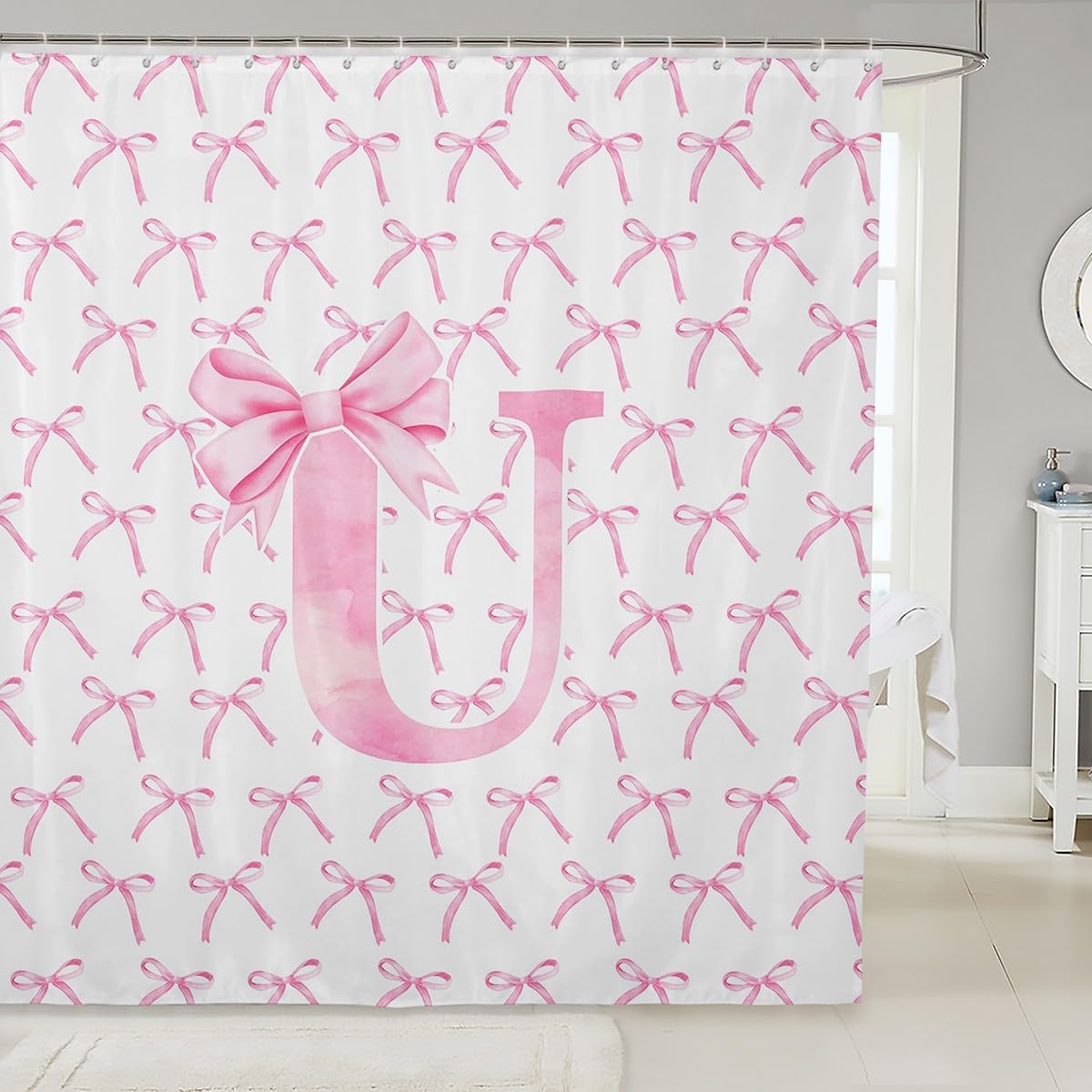 Manfei Cartoon Bowknot Kids Shower Curtains,Pink Bow Tie Letter V Knot Princess Girls Women Bathroom Curtains,Watercolor Bow Patchwork Pink White Waterproof Curtains,12 Hooks Suits,72" W x 78" L