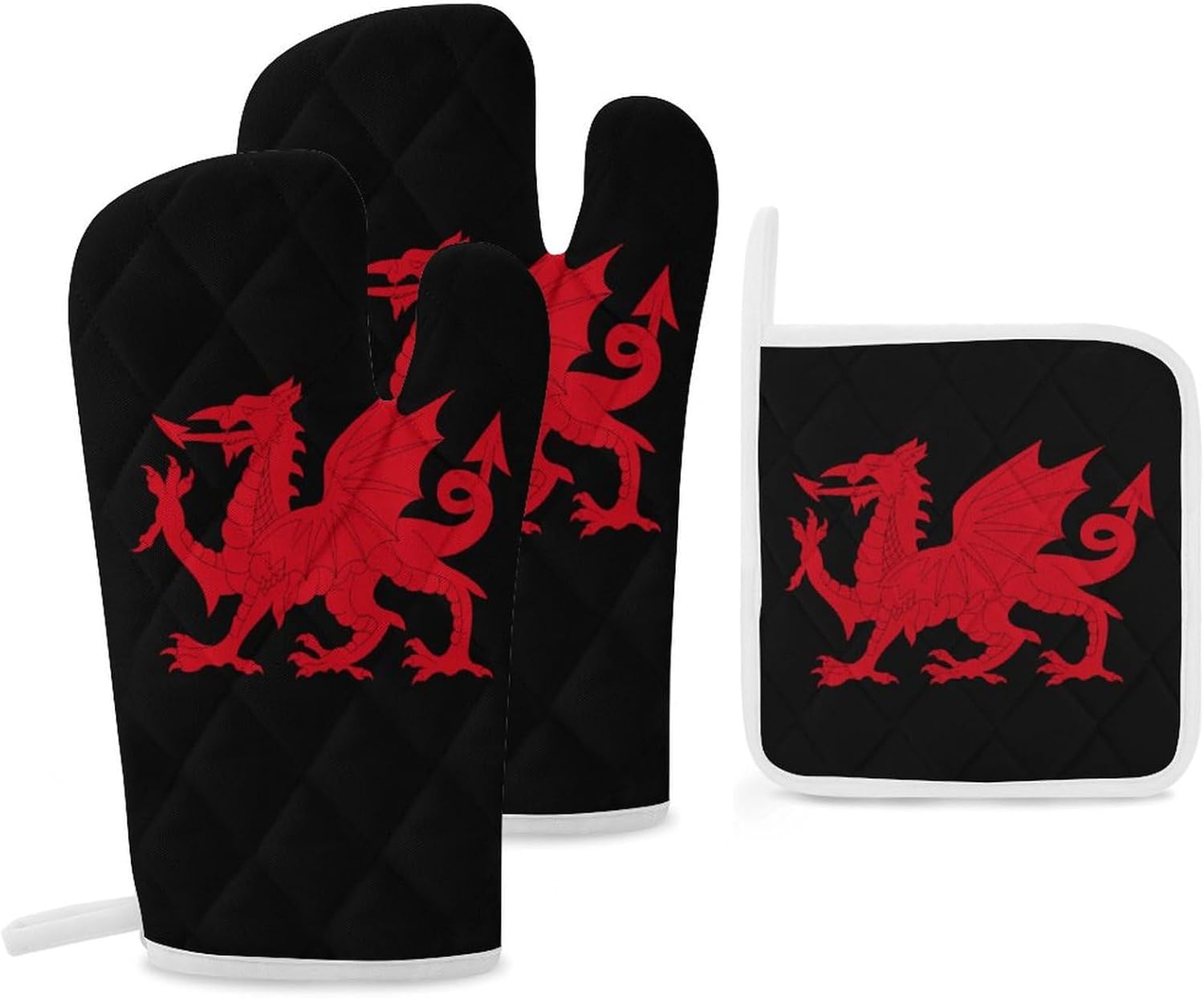 Flag of Wales Welsh Cool Dragon Print Oven Mitts and Pot Holders 3 Piece Sets Heat Resistant Gloves Hot Pads Potholders for Kitchen Baking Cooking