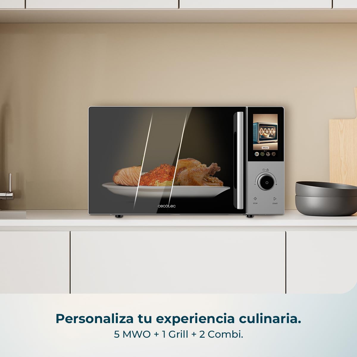 Cecotec Microondas Digital Táctil con Grill 25L Convection 2500 Touch. 900W, Grill 1200W, Control Táctil, Convección 2200 W, 8 Programas, Temporizador 60min, Plato Giratorio 315 mm, Seguro