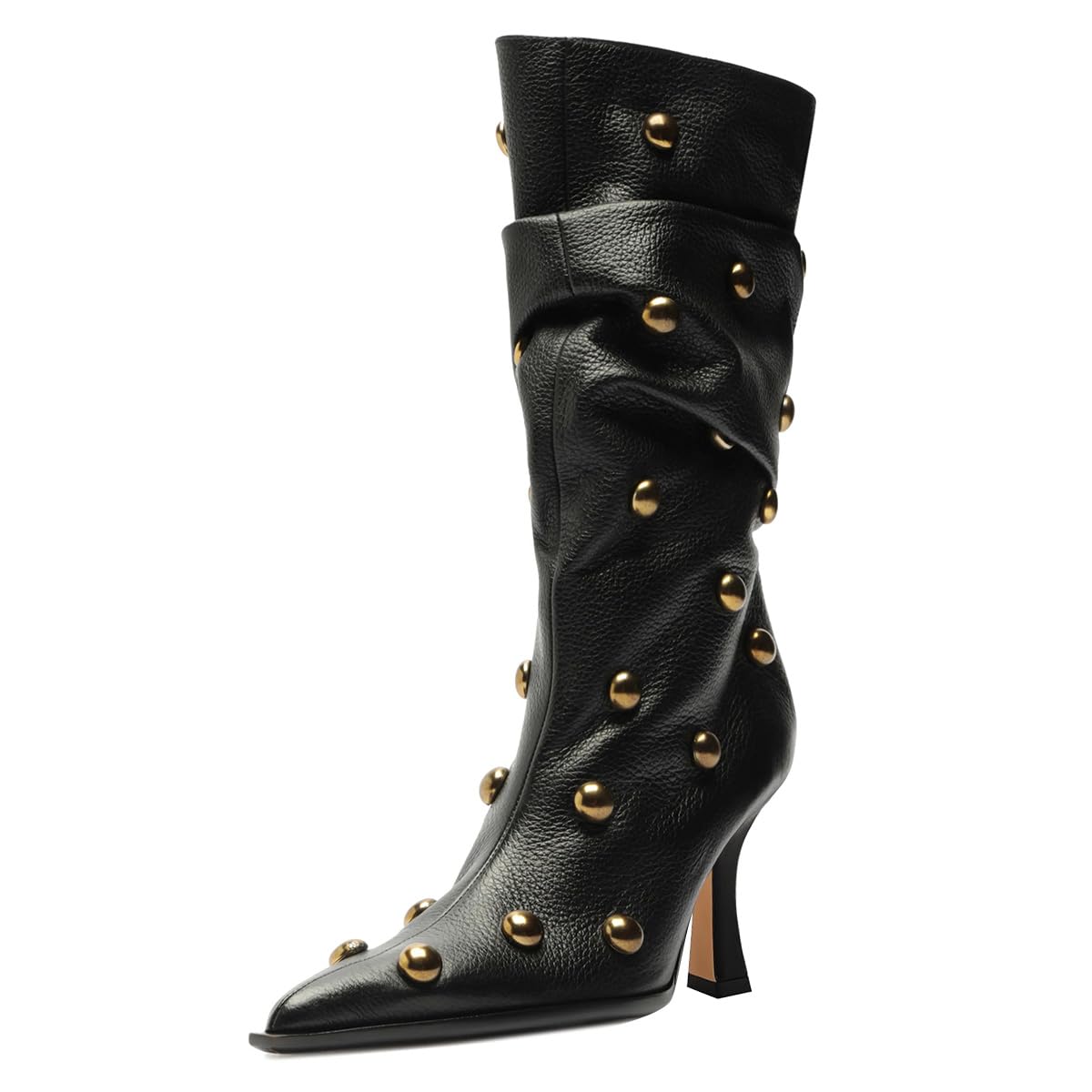 FSJ Women Studded Slouchy Knee-High Boots Rivet Pointed Toe Stiletto Heel Wide Calf Fashion Tall Boot Size 4-16