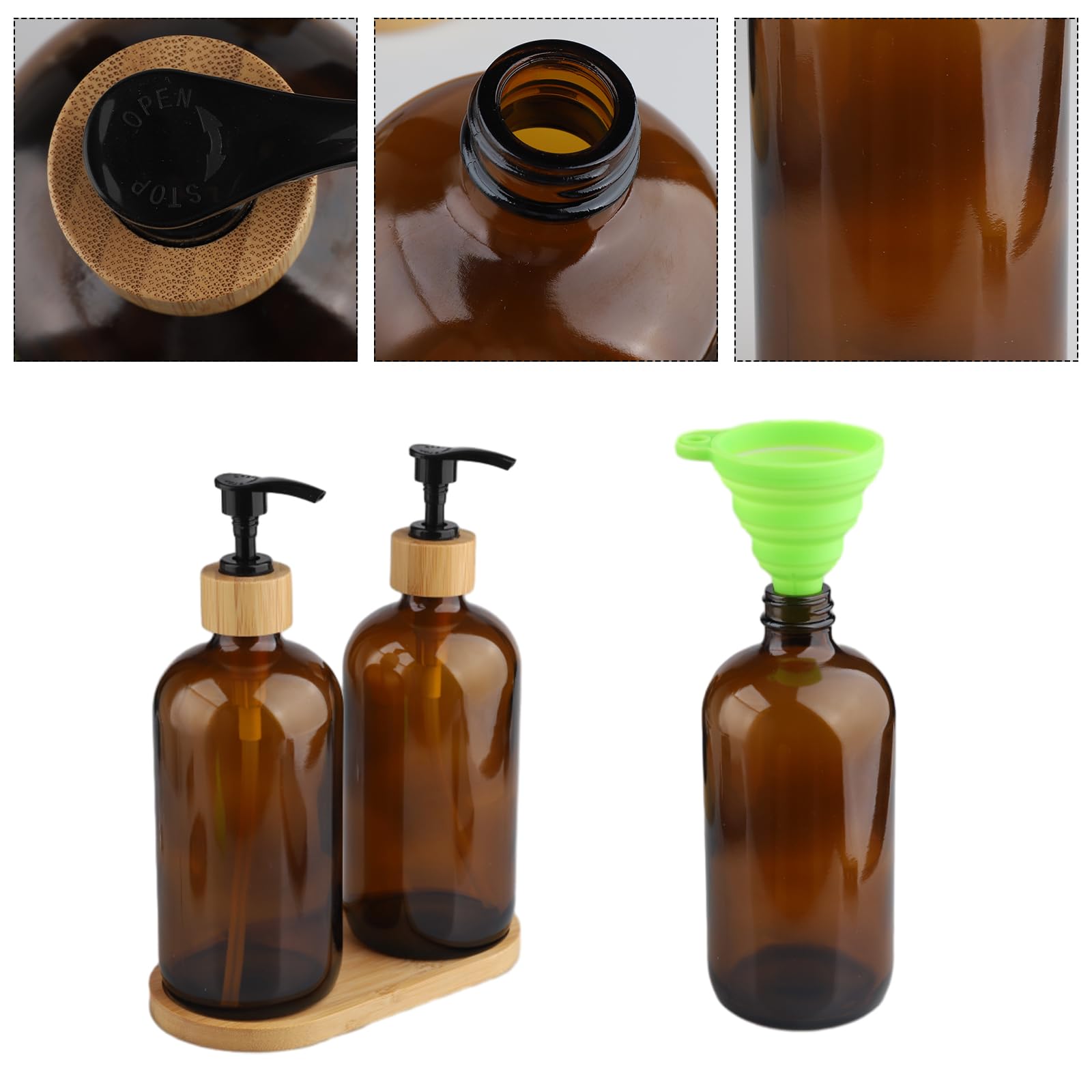 Set di dispenser per sapone in vetro, due da 500 ml dispenser sapone mani, un dispenser ricaricabile con vassoio e pompa, adatto per bottiglie di shampoo, ideale per bagno e cucina (marrone)