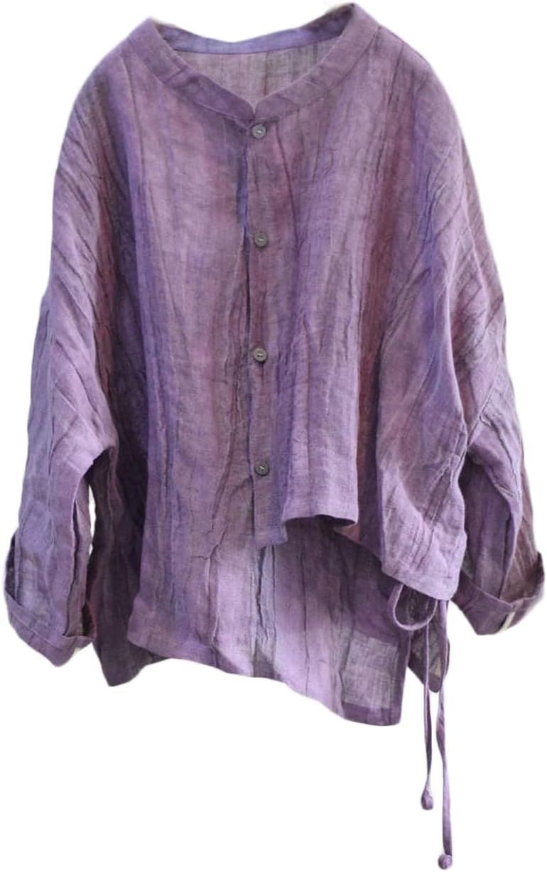 NFYM Women's Linen Asymmetrical Shirt Top Irregular Hem Tie Retro Stand Collar Button Blouse Shirts