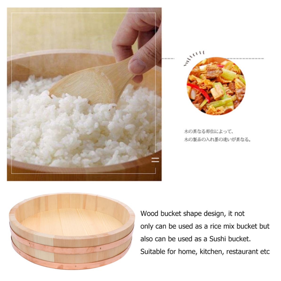 ibasenice Cuenco de Madera Diseño Tradicional Japonés para Preparar Sushi y Mezclar Arroz Función de Enfriamiento Color Aleatorio Adecuado para Cocina o Restaurante